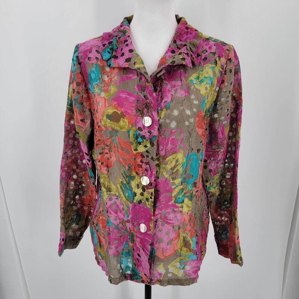 Trisha Tyler Top Womens Medium Colorful Button Up Semi Sheer Shoulder Pads
